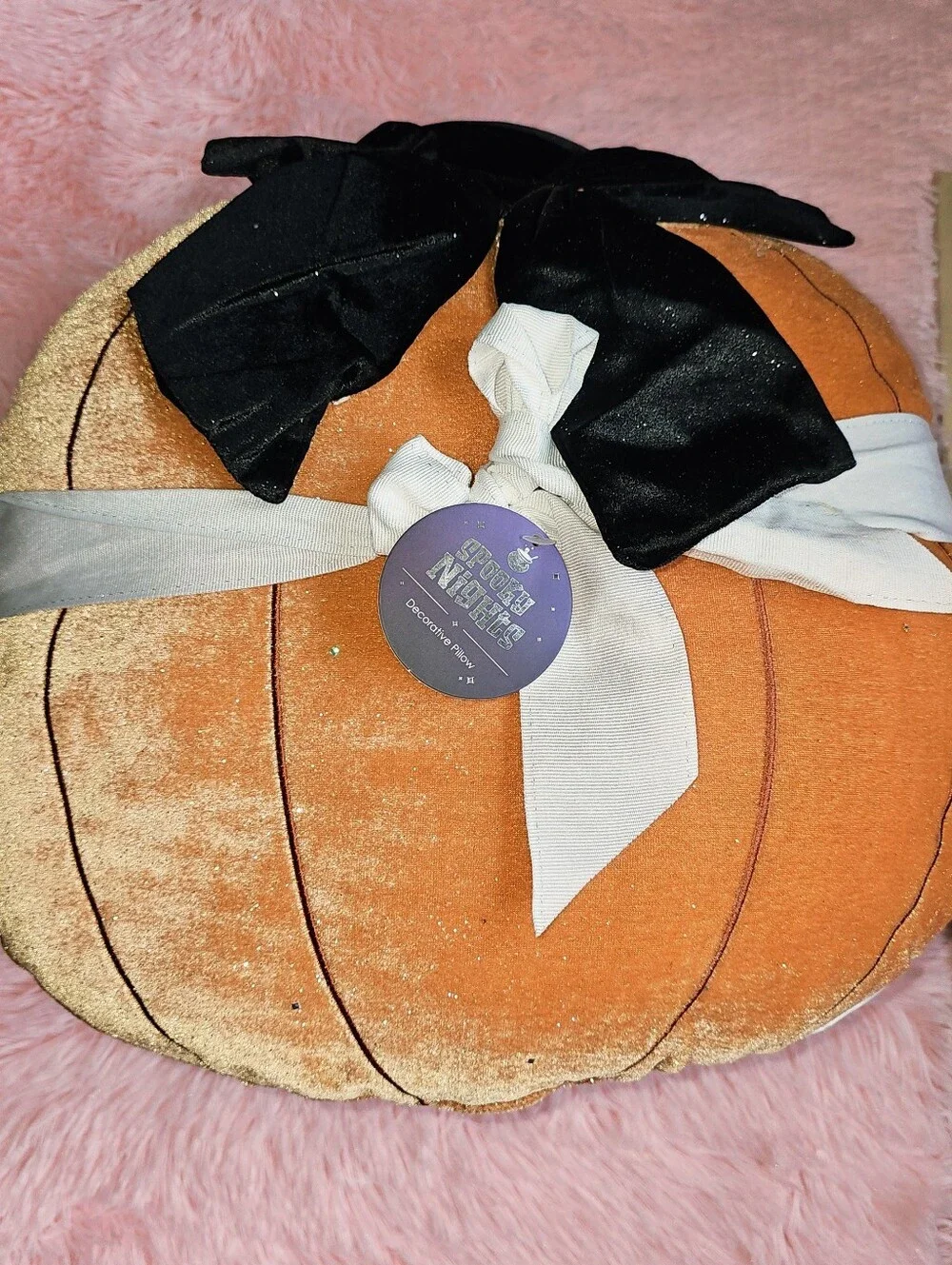 Sparkly Halloween Orange Pumpkin & Black Witchs Hat Pillow Set 2 Pack Bundle New